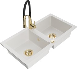 MEXEN/S - Mario granitový dřez 2-bowl včetně baterie Aster, bílá (6504-20-73450-57-G)