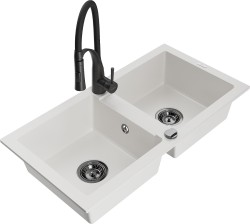 MEXEN/S - Mario granitový dřez 2-bowl včetně baterie Aster, bílá (6504-20-73450-70-B)