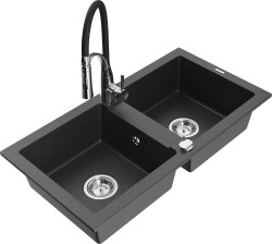 MEXEN/S - Mario granitový dřez 2-bowl včetně baterie Aster, černá kropenatá (6504-76-73450-07)