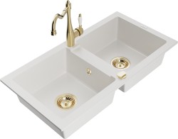 MEXEN/S - Mario granitový dřez 2-bowl včetně baterie Carla, bílá (6504-20-670700-50)