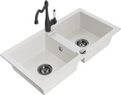 MEXEN/S - Mario granitový dřez 2-bowl včetně baterie Carla, bílá (6504-20-670700-70)