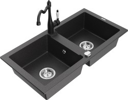 MEXEN/S - Mario granitový dřez 2-bowl včetně baterie Carla, černá kropenatá (6504-76-670700-70)