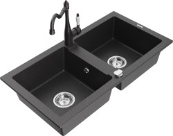 MEXEN/S - Mario granitový dřez 2-bowl včetně baterie Carla, černá kropenatá (6504-76-670700-76)