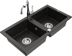 MEXEN/S - Mario granitový dřez 2-bowl včetně baterie Carla, černá/zlatá metalik (6504-75-670700-00)