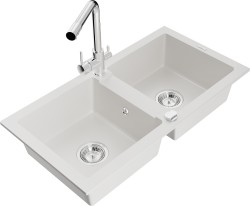 MEXEN/S - Mario granitový dřez 2-bowl včetně baterie Duero, bílá (6504-20-671600-00)