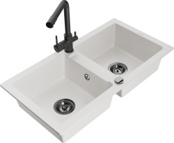 MEXEN/S - Mario granitový dřez 2-bowl včetně baterie Duero, bílá (6504-20-671600-70)