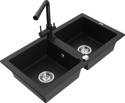 MEXEN/S - Mario granitový dřez 2-bowl včetně baterie Duero, černá (6504-77-671600-70)