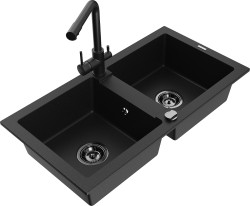 MEXEN/S - Mario granitový dřez 2-bowl včetně baterie Duero, černá (6504-77-671600-70-B)