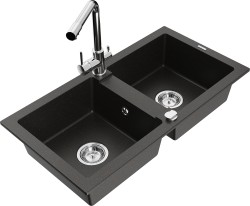 MEXEN/S - Mario granitový dřez 2-bowl včetně baterie Duero, černá/zlatá metalik (6504-75-671600-00)