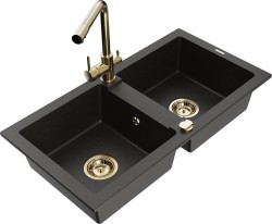 MEXEN/S - Mario granitový dřez 2-bowl včetně baterie Duero, černá/zlatá metalik (6504-75-671600-50)
