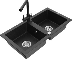 MEXEN/S - Mario granitový dřez 2-bowl včetně baterie Duero, černá/zlatá metalik (6504-75-671600-70)
