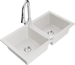 MEXEN/S - Mario granitový dřez 2-bowl včetně baterie Elia, bílá (6504-20-670101-00)