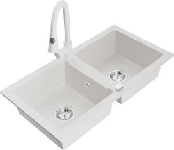 MEXEN/S - Mario granitový dřez 2-bowl včetně baterie Elia, bílá (6504-20-670101-20)