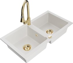 MEXEN/S - Mario granitový dřez 2-bowl včetně baterie Elia, bílá (6504-20-670101-50)