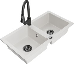MEXEN/S - Mario granitový dřez 2-bowl včetně baterie Elia, bílá (6504-20-670101-70)