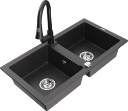 MEXEN/S - Mario granitový dřez 2-bowl včetně baterie Elia, černá kropenatá (6504-76-670101-70)