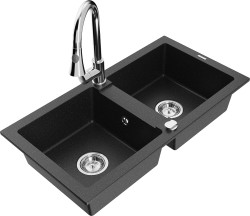 MEXEN/S - Mario granitový dřez 2-bowl včetně baterie Elia, černá/stříbrná metalik (6504-73-670101-00)