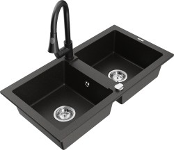 MEXEN/S - Mario granitový dřez 2-bowl včetně baterie Elia, černá/zlatá metalik (6504-75-670101-70)