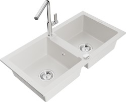 MEXEN/S - Mario granitový dřez 2-bowl včetně baterie Flora, bílá (6504-20-670401-00)