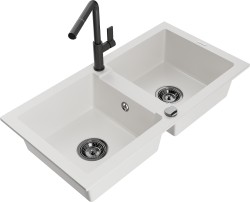 MEXEN/S - Mario granitový dřez 2-bowl včetně baterie Flora, bílá (6504-20-670401-70-B)