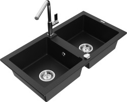 MEXEN/S - Mario granitový dřez 2-bowl včetně baterie Flora, černá (6504-77-670401-00)