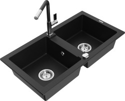 MEXEN/S - Mario granitový dřez 2-bowl včetně baterie Flora, černá (6504-77-670401-07)
