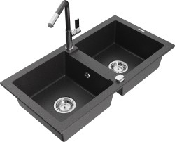 MEXEN/S - Mario granitový dřez 2-bowl včetně baterie Flora, černá kropenatá (6504-76-670401-08)