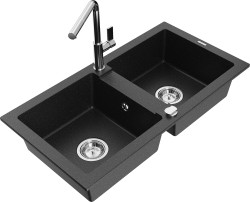 MEXEN/S - Mario granitový dřez 2-bowl včetně baterie Flora, černá/stříbrná metalik (6504-73-670401-00)