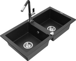 MEXEN/S - Mario granitový dřez 2-bowl včetně baterie Flora, černá/stříbrná metalik (6504-73-670401-07)