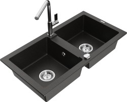 MEXEN/S - Mario granitový dřez 2-bowl včetně baterie Flora, černá/zlatá metalik (6504-75-670401-00)