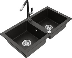 MEXEN/S - Mario granitový dřez 2-bowl včetně baterie Flora, černá/zlatá metalik (6504-75-670401-07)