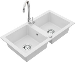 MEXEN/S - Mario granitový dřez 2-bowl včetně baterie Telma, bílá (6504-20-670200-00)