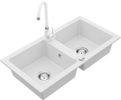 MEXEN/S - Mario granitový dřez 2-bowl včetně baterie Telma, bílá (6504-20-670200-20)