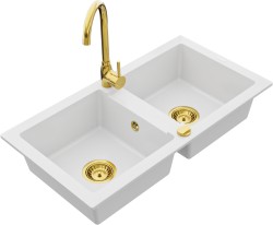 MEXEN/S - Mario granitový dřez 2-bowl včetně baterie Telma, bílá (6504-20-670200-50)