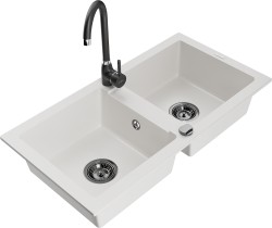 MEXEN/S - Mario granitový dřez 2-bowl včetně baterie Telma, bílá (6504-20-670200-70)