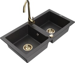 MEXEN/S - Mario granitový dřez 2-bowl včetně baterie Telma, černá kropenatá (6504-76-670200-50)