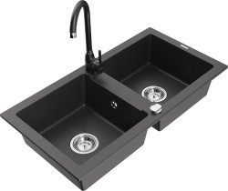 MEXEN/S - Mario granitový dřez 2-bowl včetně baterie Telma, černá kropenatá (6504-76-670200-70)
