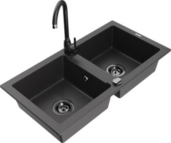 MEXEN/S - Mario granitový dřez 2-bowl včetně baterie Telma, černá kropenatá (6504-76-670200-70-B)