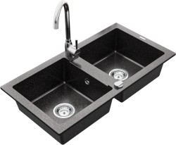 MEXEN/S - Mario granitový dřez 2-bowl včetně baterie Telma, černá kropenatý (6504-76-670200-00)