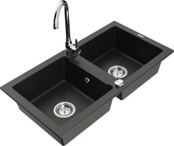 MEXEN/S - Mario granitový dřez 2-bowl včetně baterie Telma, černá/zlatá (6504-75-670200-00)