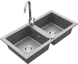 MEXEN/S - Mario granitový dřez 2-bowl včetně baterie Telma, šedá (6504-71-670200-00)