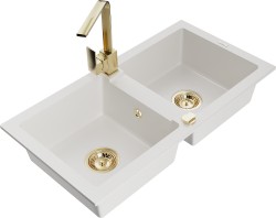 MEXEN/S - Mario granitový dřez 2-bowly včetně baterie Rita, bílá (6504-20-670300-50)