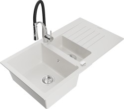 MEXEN/S - Matias granitový dřez 1.5 s odkapávačem včetně baterie Aster, bílá (6502-20-73450-07)