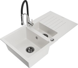 MEXEN/S - Matias granitový dřez 1.5 s odkapávačem včetně baterie Aster, bílá (6502-20-73450-07-B)