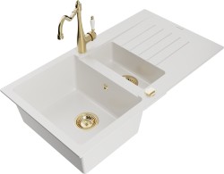 MEXEN/S - Matias granitový dřez 1.5 s odkapávačem včetně baterie Carla, bílá (6502-20-670700-50)