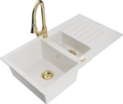 MEXEN/S - Matias granitový dřez 1.5 s odkapávačem včetně baterie Elia, bílá (6502-20-670101-50)