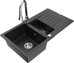 MEXEN/S - Matias granitový dřez 1.5 s odkapávačem včetně baterie Elia, černá/zlatá metalik (6502-75-670101-00)