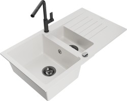 MEXEN/S - Matias granitový dřez 1.5 s odkapávačem včetně baterie Flora, bílá (6502-20-670401-70-B)