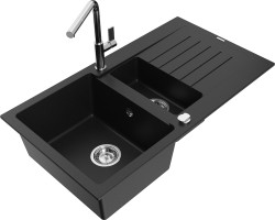 MEXEN/S - Matias granitový dřez 1.5 s odkapávačem včetně baterie Flora, černá  (6502-77-670401-00)