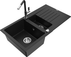 MEXEN/S - Matias granitový dřez 1.5 s odkapávačem včetně baterie Flora, černá  (6502-77-670401-07)